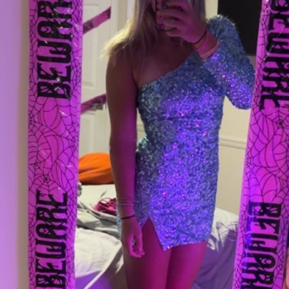 Sherri Hill One Shoulder Teal Sequin Short Homecoming Dress #54469